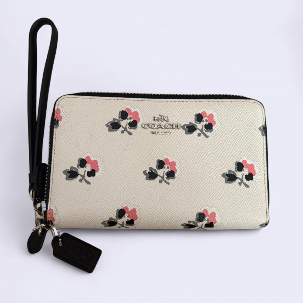 COACH Cream Floral Print Double Pocket Zip Wallet Wristlet